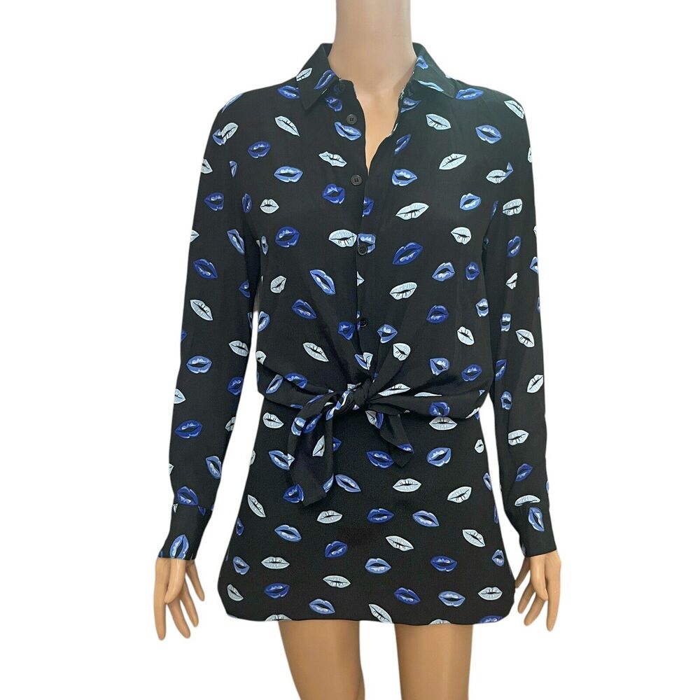 Zara Black and Blue Lip Print blouse and skirt
